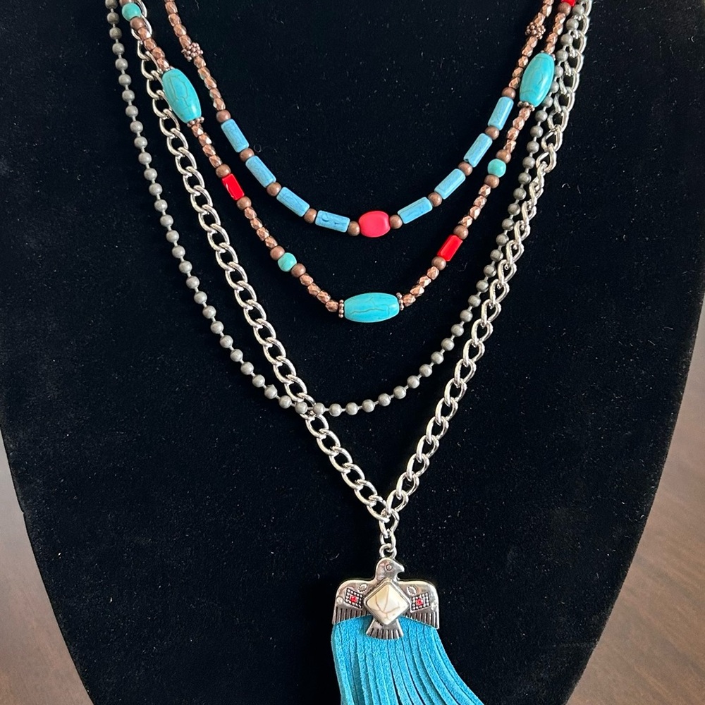 Blue and Silver Layered Necklace with Tassel